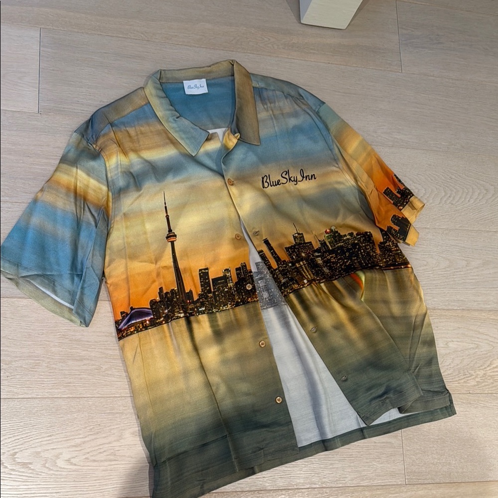 Blue Sky Casual Button Down Shirt Blue and Orange